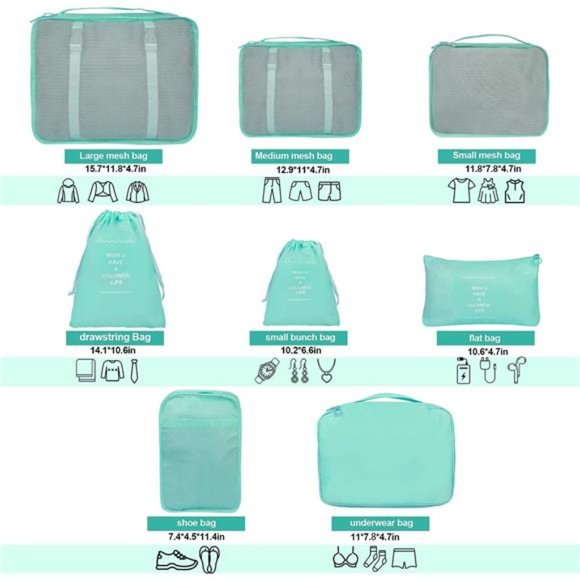 8 Set Packing Cubes for Suitcases Blue Travel Luggage Packing Organizers - Picture 2 of 6